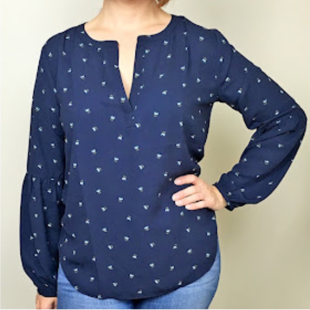 Loft Navy Blue Blouse With Pattern Euc - image 1